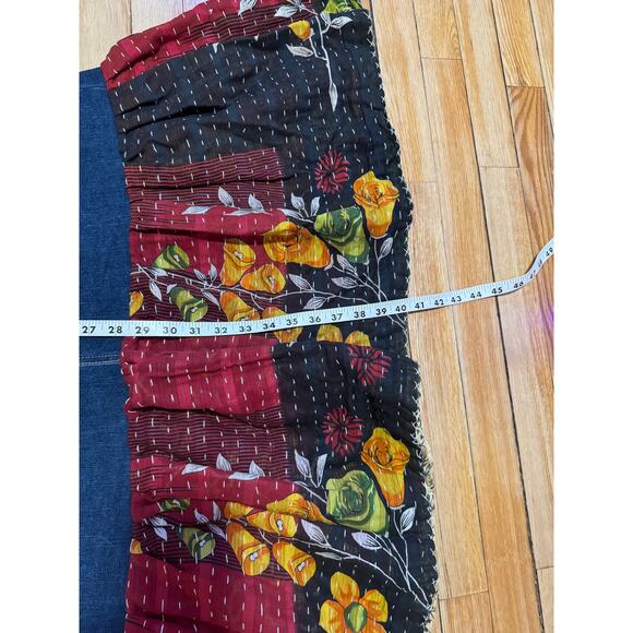 Upcycled Long Denim Skirt with Kantha Patches and Ruffle Hem | Size 16 - Picture 15 of 15